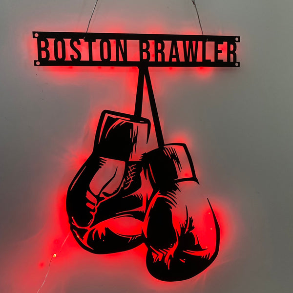 Custom Boxing Gloves Metal Wall Art With Led Light, Personalized King Boxer Metal Name Sign, Boxer Gym Fitness Room Man Cave Wall Led Decor