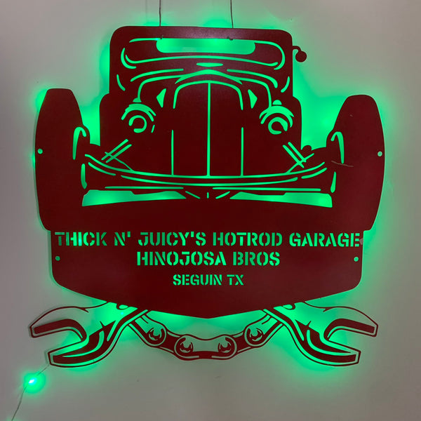 Custom Rat Hot Rod Car Metal Wall Art With Led Light, Personalized Hot Rod Garage Metal Name Sign, Dad Garage Led Metal Wall Art Decor