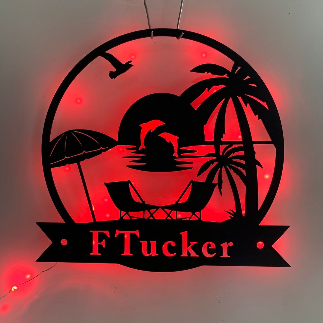 Custom Palm Tree Beach House Metal Sign With Led Light, Personalized Dolphin Sunset Beach Metal Name Sign, Poolside Tiki Bar Metal Wall Led Decor