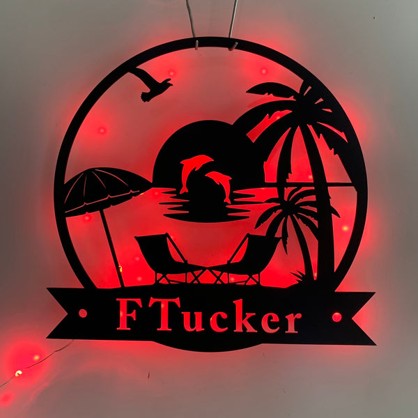 Custom Palm Tree Beach House Metal Sign With Led Light, Personalized Dolphin Sunset Beach Metal Name Sign, Poolside Tiki Bar Metal Wall Led Decor
