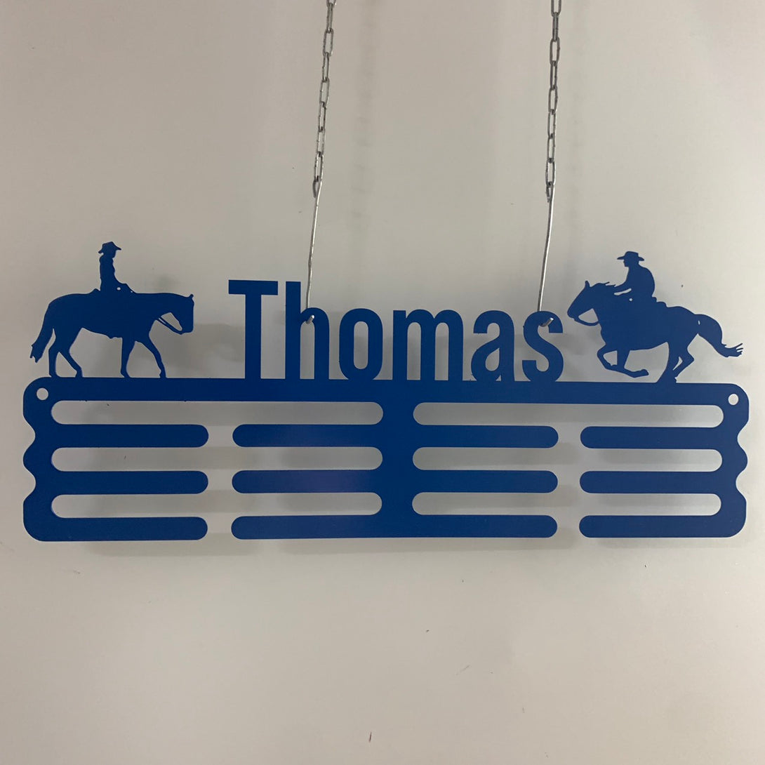 Cowboy Custom Name Medal Hanger, Cowboy Metal 12 Rungs For Medals & Ribbons, Western Horse Sport Medal Display, Kids Room Sports Metal Wall Sign