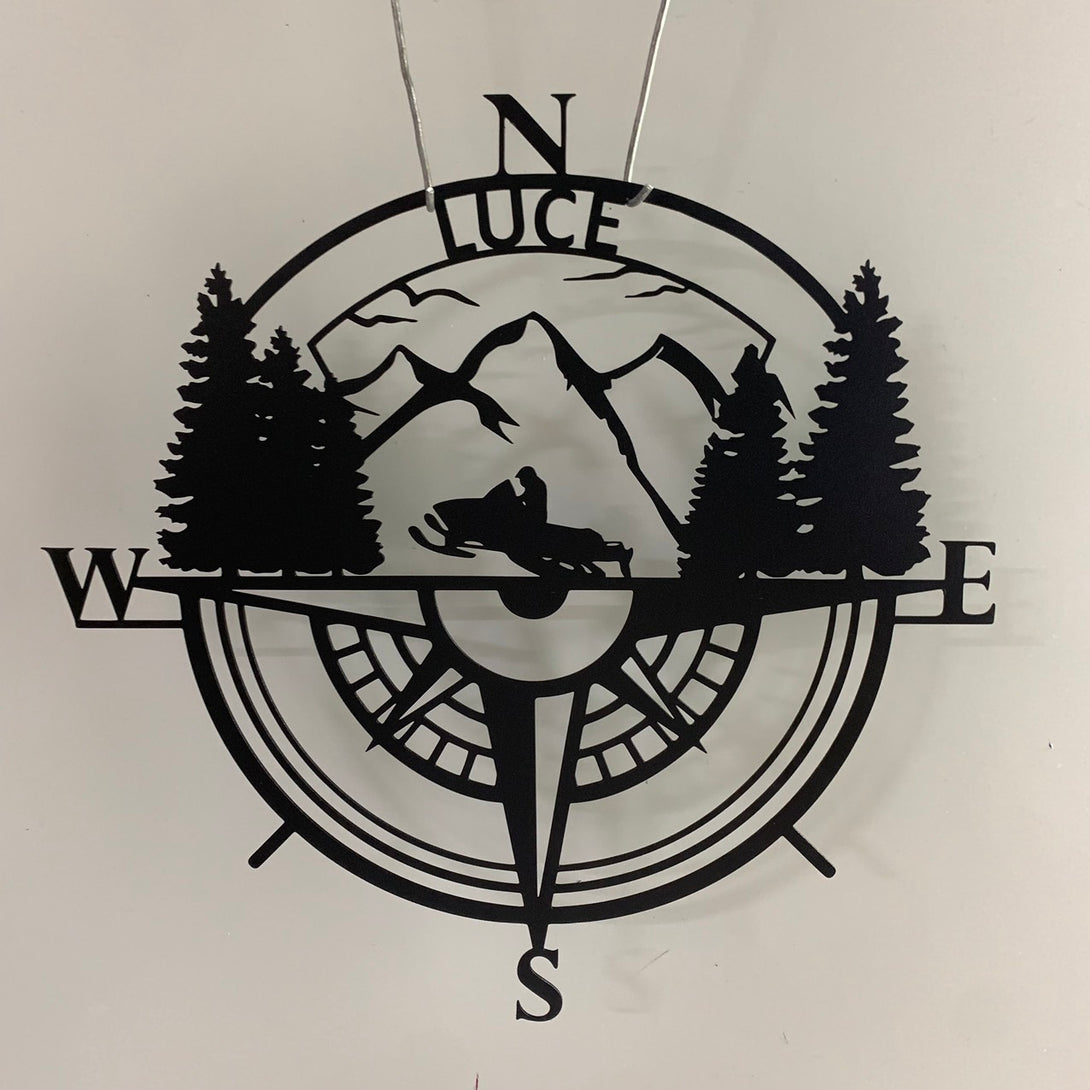 Custom Mountain Compass Coordinates Snowmobile Metal Sign, Snowmobile Compass Monogram Metal Name Sign, Nautical Compass Rose Metal Wall Art