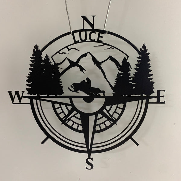 Custom Mountain Compass Coordinates Snowmobile Metal Sign, Snowmobile Compass Monogram Metal Name Sign, Nautical Compass Rose Metal Wall Art