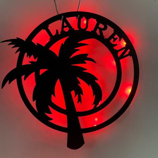 Personalized Palm Tree Metal Wall Art With Led Light, Custom Tropical Palm Tree Metal Wall Art, Poolside Bar Patio Backyard Sign Metal Wall Led Sign