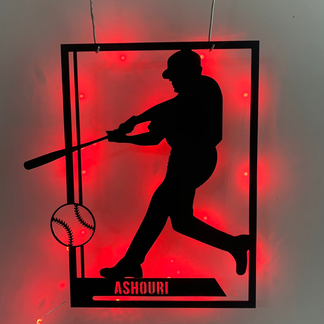 Custom Baseball Metal Wall Art With Led Lights, Personalized Baseball Player Hitter Metal Name Sign, Softball Sport Metal Wall Led Decor