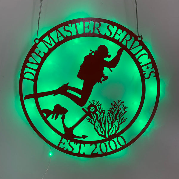 Personalized Scuba Diving Metal Wall Art With Led Light, Custom Scuba Diving Sport Metal Name Sign, Water Sport Monogram Metal Wall Led Decor