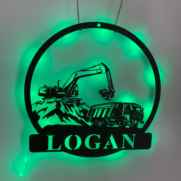 Custom Excavator Metal Wall Art With Led Lights, Personalized Excavator Driver Metal Name Sign, Construction Truck Excavator Metal Wall Led Sign
