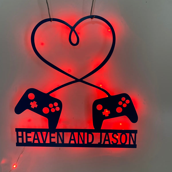 Custom Game Controller Metal Wall Art With Led Light, Personalized Couple Gamer Name Metal Sign, Game Zone Kids Room Metal Wall Led Decor