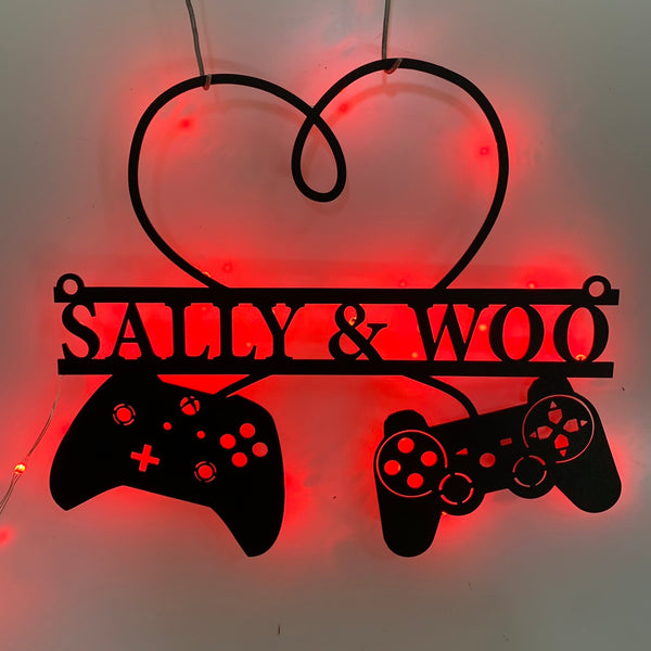 Custom Game Controller Metal Wall Art With Led Light, Personalized Couple Gamer Name Metal Sign, Game Zone Kids Room Metal Wall Led Decor