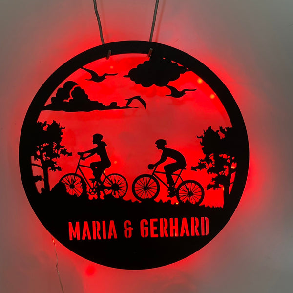 Custom Mountain Biking Metal Wall Art Led Lights, Personalized Couple Biker Name Metal Sign, Biker Metal Name Sign, Cycling Metal Wall Art