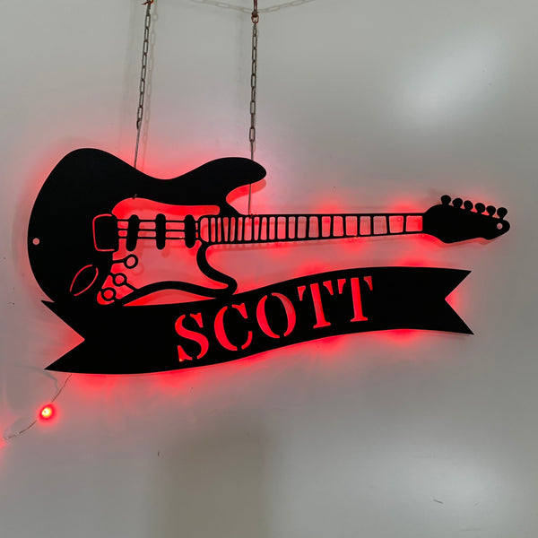 Custom Metal Guitar Musical Instument Wall Art Led Light, Personalized Guitar Metal Name Sign, Guitar Music Studio Metal Wall Hanging Led Sign