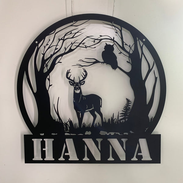 Personalized Forest Deer Metal Wall Art, Custom Deer In Forest Metal Farm Sign, Wild Animal Hunting Man Cave Metal Name Sign