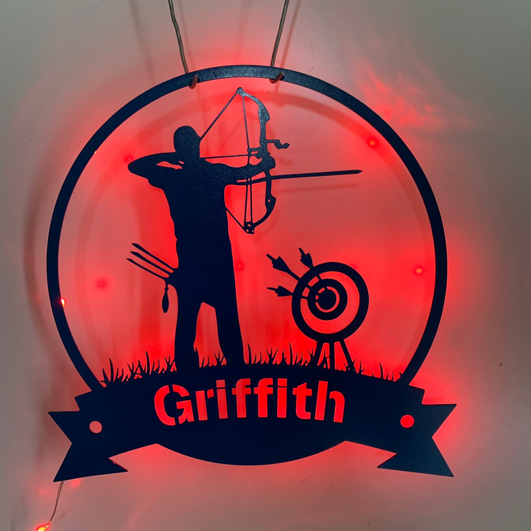 Personalized Archery Metal Wall Art With Led Lights, Custom Archer Name Led Metall Sign, Archery Sport Metal Led Wall Decor
