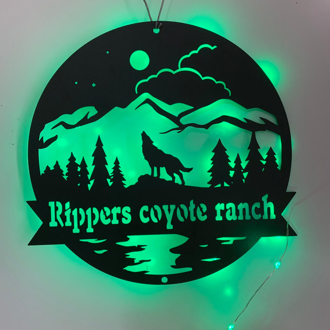 Personalized Howling Wolf Name Metal Sign Led Light, Custom Wolf Family Wall Art, Cabin Wolf Name Metal Sign, Mountain Rach Portrait Wall Art