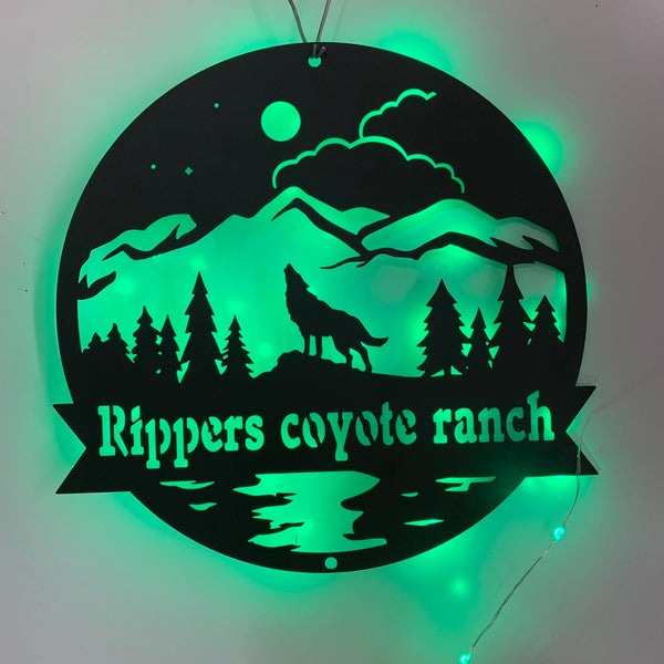Personalized Howling Wolf Name Metal Sign Led Light, Custom Wolf Family Wall Art, Cabin Wolf Name Metal Sign, Mountain Rach Portrait Wall Art