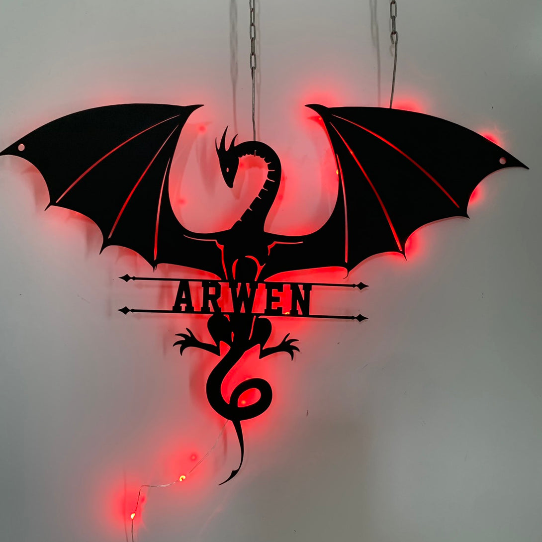 Custom Dragon Metal Sign With Led Lights, Mythical Dragon Metal Wall Hanging, Dragon Name Metal Art, Monogram Dragon Wall Decor