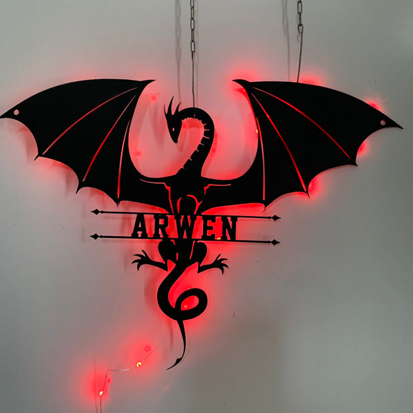 Custom Dragon Metal Sign With Led Lights, Mythical Dragon Metal Wall Hanging, Dragon Name Metal Art, Monogram Dragon Wall Decor