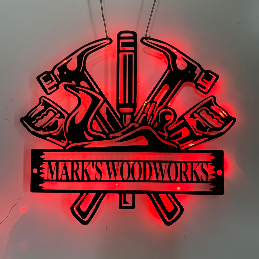 Custom Woodworker Lumberjack Metal Sign With Led Light, Personalized Carpenter Monogram Metal Wall Art, Woodworker Metal Name Sign