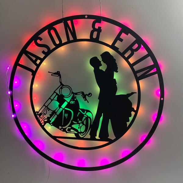 Personalized Biker Couple Monogram Metal Sign Led Lights, Custom Motorcycle Rider Metal Wall Art, Motorcycle Couple Wedding Metal Hanging