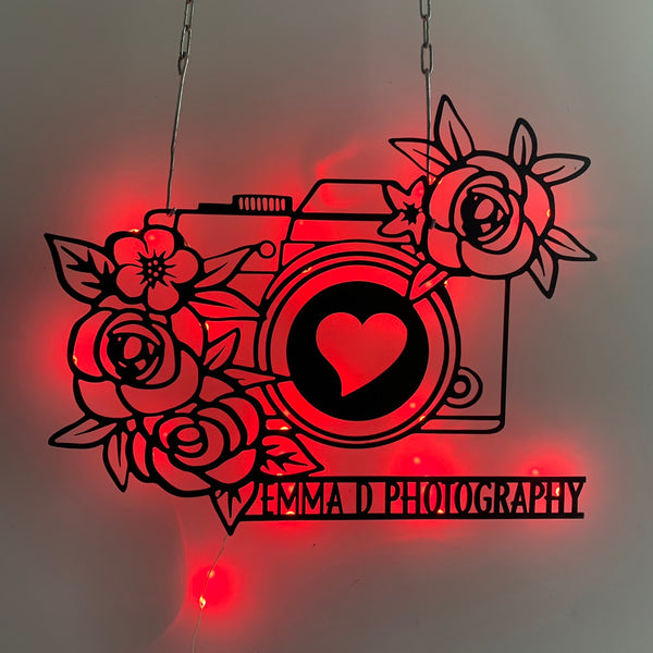 Custom Floral Camera Metal Wall Art Led Light, Personalized Photographer Metal Name Sign, Photography Metal Wall Art, Camera Photo Studio Metal Sign