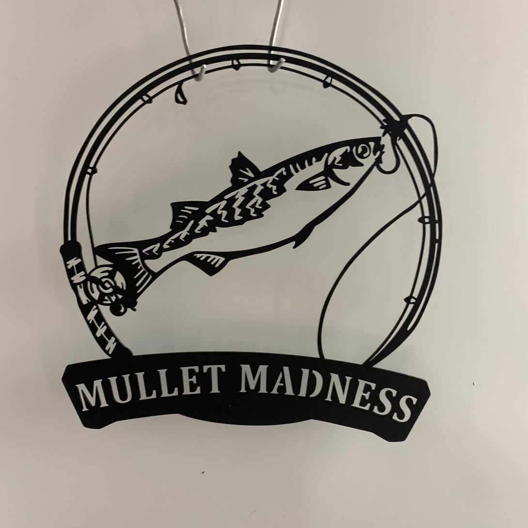 Personalized Mullet Fishing Fish Pole Monogram Metal Wall Art, Custom Mullet Fishing Metal Name Sign, Fishing Lover Lakehouse Cabin Metal Wall Sign