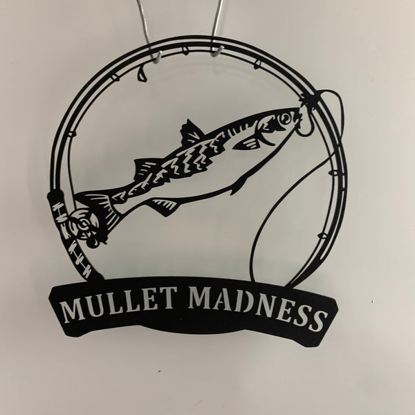 Personalized Mullet Fishing Fish Pole Monogram Metal Wall Art, Custom Mullet Fishing Metal Name Sign, Fishing Lover Lakehouse Cabin Metal Wall Sign