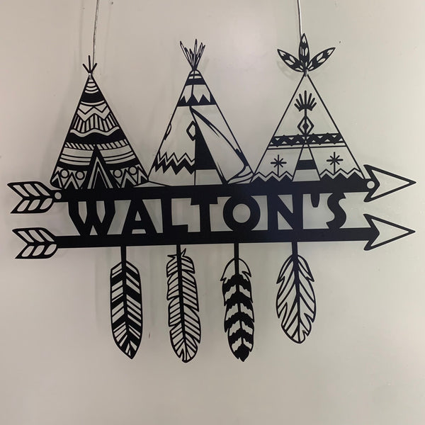 Custom Tent Native American Indian Teepee Metal Wall Art, Personalized Indian Warrior Metal Name Sign, Native American Indian Tribe Tents Metal Decor