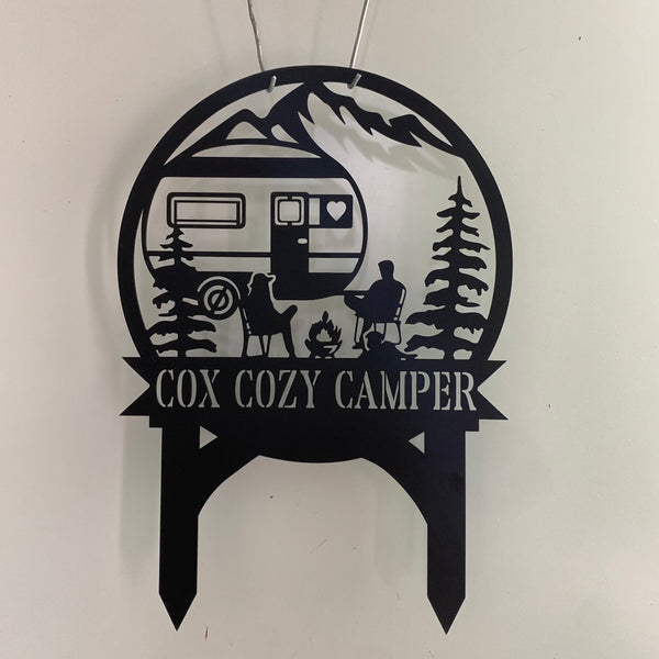 Custom Happy Camper Metal Garden Stake, Couple Camping Trailer Rv Metal Name Sign, Personalized Family Name Campsite Metal Stake