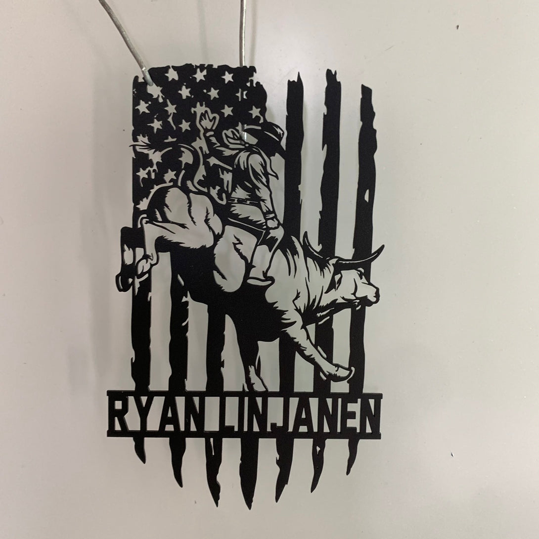 Custom Us Bull Rider Metal Wall Art, Personalized Rodeo Bull Rider Name Sign, Western Cowboy Metal Wall Sign, Rodeo Cowboy Us Flag Metal Sign