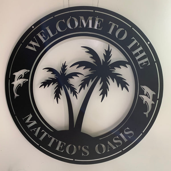 Custom Tropical Patio Backyard Sign Metal Wall Art, Personalized Palm Tree Hibiscus Metal Name Sign, Welcome Tropical Oasis Welcome Metal Sign