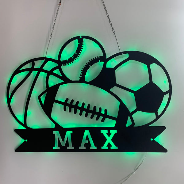 Personalized Name Sport Metal Wall Art With Led Lights, Baseball Football Basketball Soccer Sport Metal Sign, Game Room Metal Wall Art Decor
