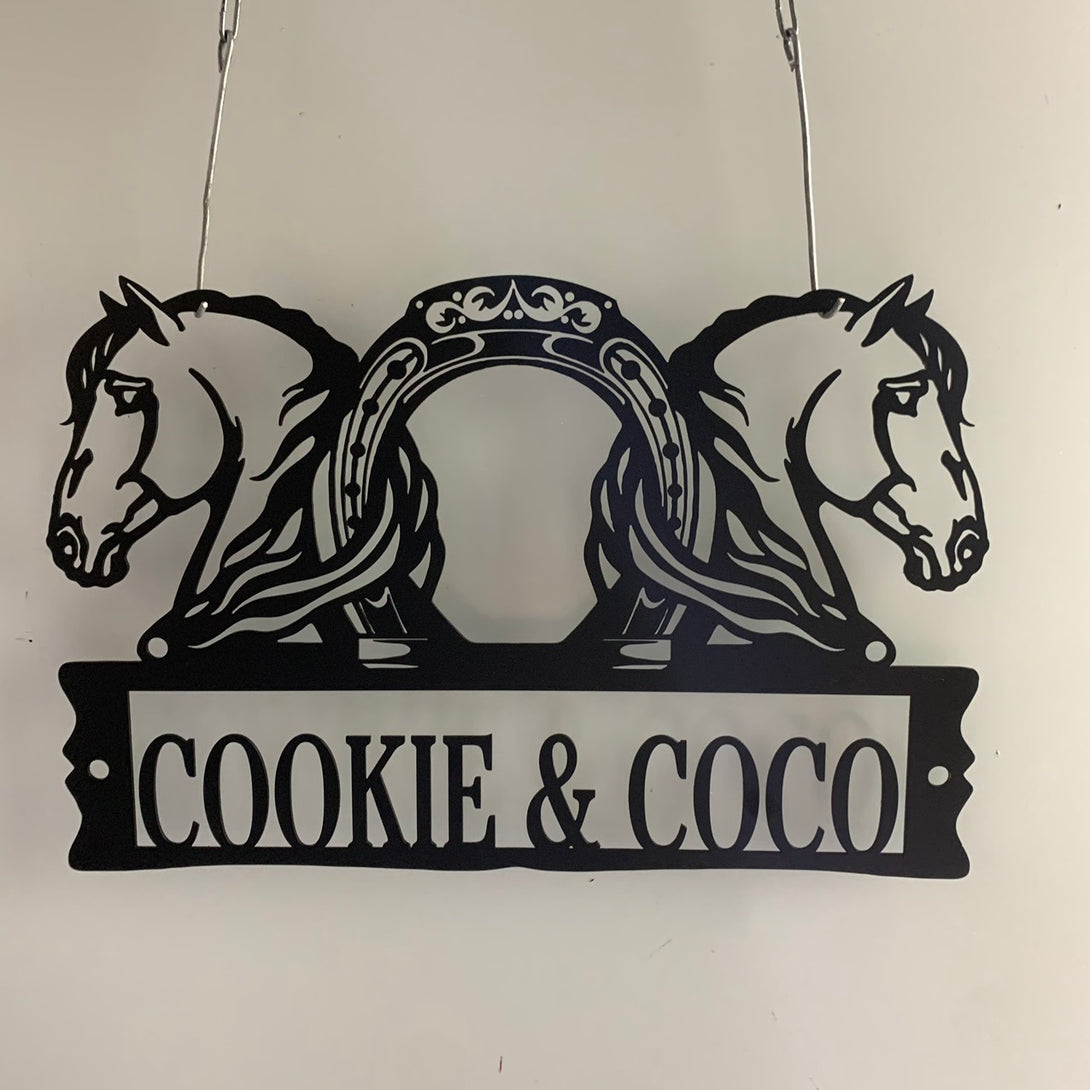 Personalized Couple Horses Metal Name Sign, Custom Horseshoe With Names Metal Wall Art, Horse Farm Ranch Front Door Metal Wall Sign Decor
