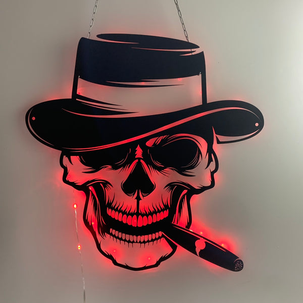 Gangster Sugar Skull Cigar Metal Sign With Led Lights, Skull Smoking Cigar Metal Wall Home Decor, Metal Sugar Skull Smoker Man Cave Wall Art