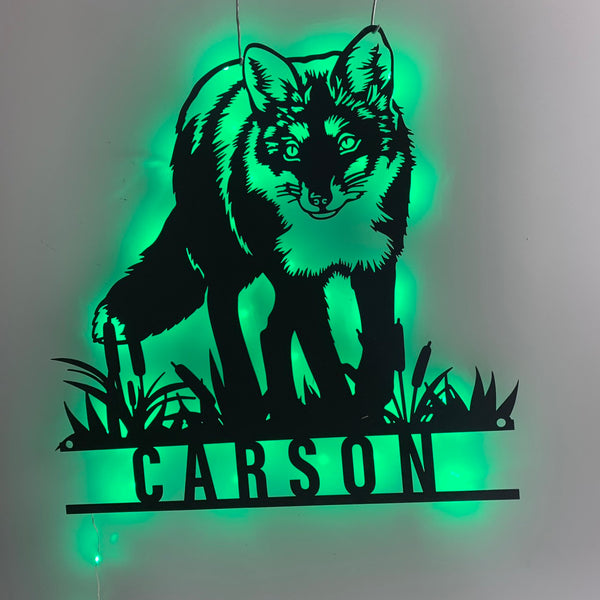 Personalized Fox Metal Wall Art Led Light, Fox With Cattails Metal Name Sign, Fox Wild Animal Metal Wall Sign, Fox Laser Cut Metal Hanger Sign