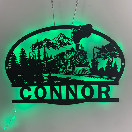 Personalized Train Railroad Metal Name Sign Led Light, Custom Mountain Railway Metal Wall Art, Man Cave Train Station Lounge Metal Wall Sign