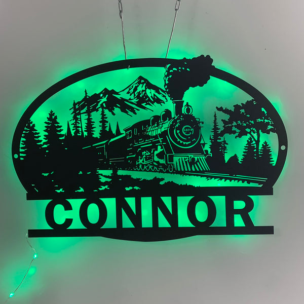 Personalized Train Railroad Metal Name Sign Led Light, Custom Mountain Railway Metal Wall Art, Man Cave Train Station Lounge Metal Wall Sign