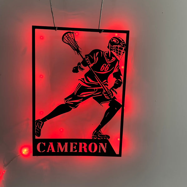 Custom Lacrosse Metal Wall Art Led Lights, Personalized Lacrosse Player Metal Number Name Sign, Lacrosse Sport Metal Wall Led Decor