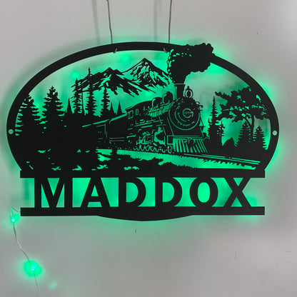 Personalized Train Railroad Metal Name Sign Led Light, Custom Mountain Railway Metal Wall Art, Man Cave Train Station Lounge Metal Wall Sign