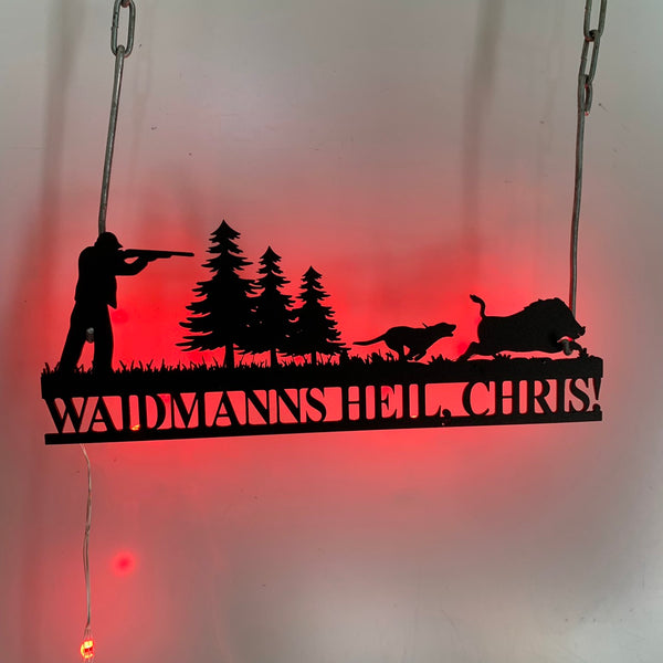 Personalized Hound Wild Boar Hunting Metal Wall Art Led Light, Custom Hunter Metal Name Sign, Dog Hunting Man Cave Metal Wall Led Sign Decor
