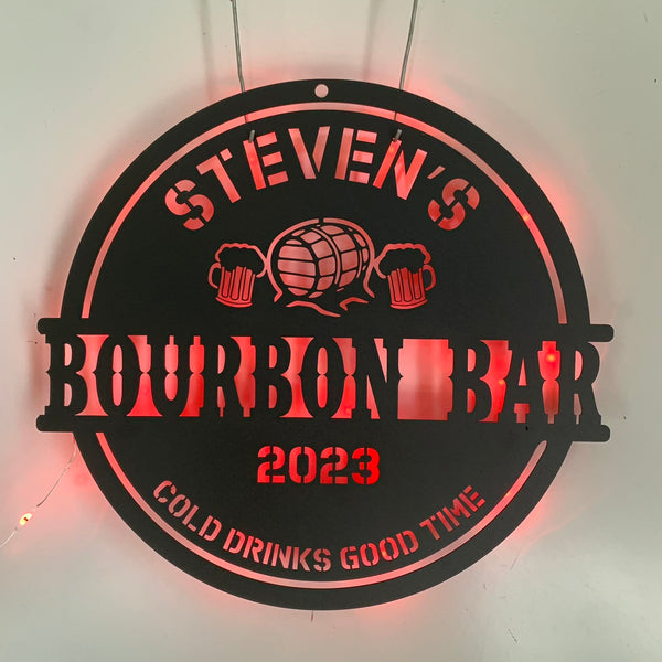 Custom Bourbon Bar Metal Wall Art With Led Light, Personalized Whiskey Beer Drinking Name Metal Sign, Home Pub Gin Bar Led Metal Decor