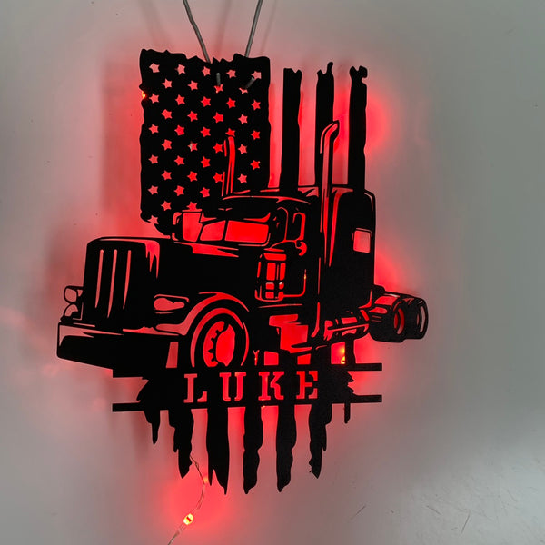 Custom Us Semi Truck Trailer Metal Wall Art Led Light, Personalized Truck Driver Metal Name Sign, Semi Truck Driver Retirement Metal Wall Sign