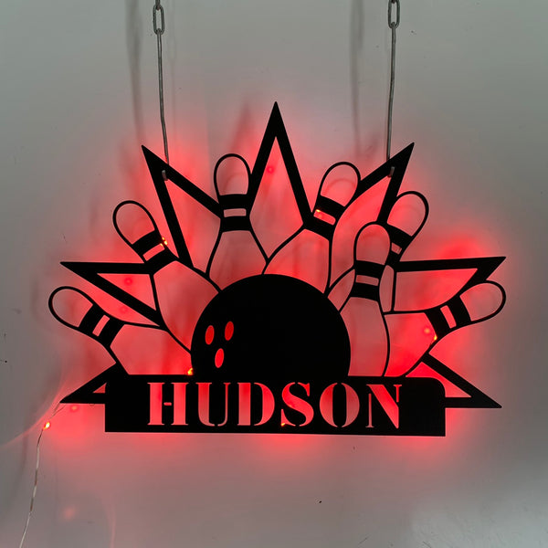 Custom Bowling Metal Wall Art With Led Lights, Personalized Bowling Player Name Metal Sign, Bowling Game Zone Metal Led Decor