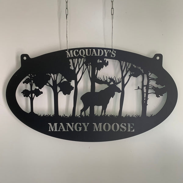 Custom Forest Moose Metal Wall Art, Personalized Moose Hunter Metal Family Name Sign, Forest Moose Cabin Man Cave Metal Sign