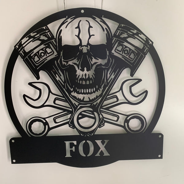 Personalized Mechanic Skull Metal Name Sign, Custom Mechanic Workshop Metal Wall Art, Skull Mechanic Garage Man Cave Metal Wall Hanging