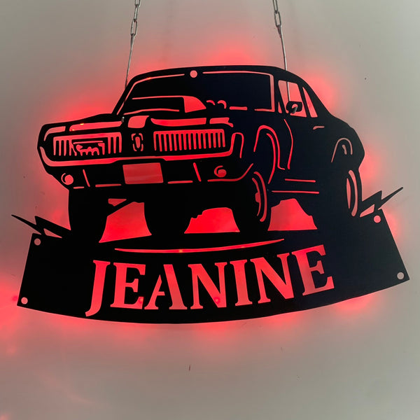 Custom Car Garage Metal Sign With Led Lights, Personalized Car Monogram Metal Name Signs, Car Garage Man Cave Workshop Metal Wall Art