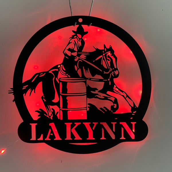 Personalized Barrel Racing Metal Wall Art Led Light, Custom Barrel Racing Galloping Horse Metal Sign, Barrel Racing Team Roping Metal Sign