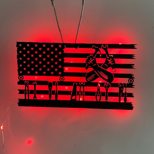 Us Flag Tools Repair Metal Wall Art Led Light, Mechanic Tools Repairman Metal Sign, Us Carpenter Sign, Tools Shop Metal Wall Decor