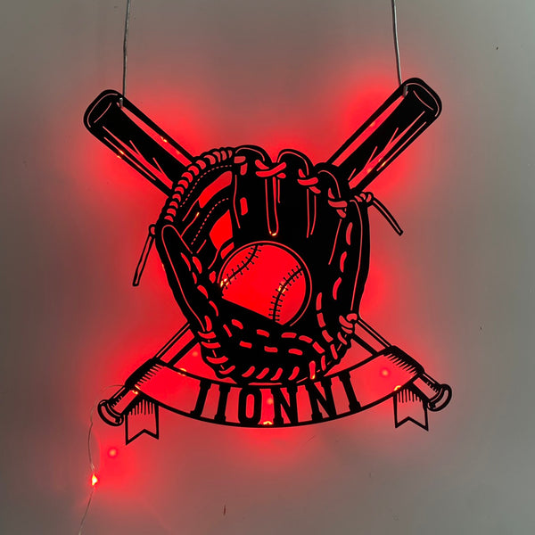 Custom Baseball Bat & Gloves Metal Wall Art With Led Light, Personalized Baseball Player Metal Name Sign, Softball Lovers Kid Room Metal Wall Sign