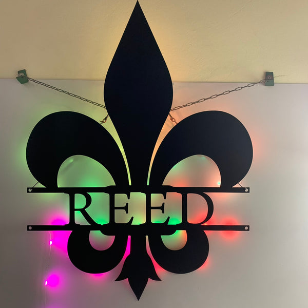 Custom Fleur De Lis Metal Wall Art Led Light, Wall Mount Personalized Fleur De Lis, Fleur De Lis Metal Sign, Last Name Fleur De Lis Metal Wall Sign