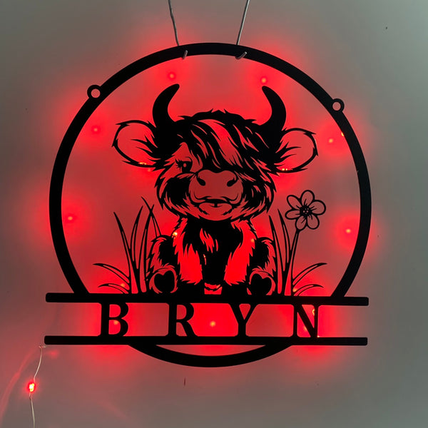 Custom Baby Highland Cow Farmhouse Metal Wall Art Led Light, Personalized Heifer Metal Farm Name Sign, Cattle Cow Barn Kid Room Metal Sign